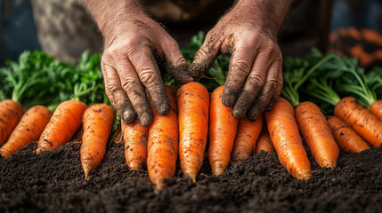 A close up view shows dirty hands gently placing freshly harvested bright orange carrots in rich dark garden soil.