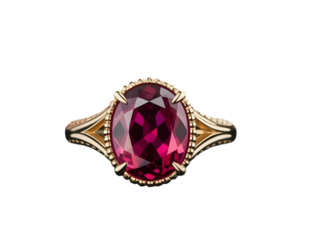 Oval ruby gemstone ring with gold setting isolated on a transparent background image
