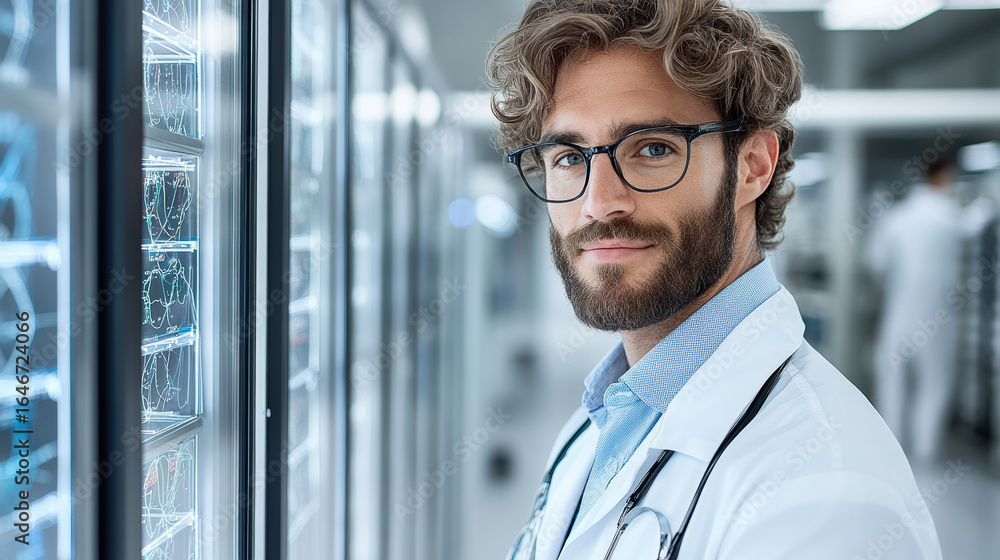 Poster innovative scientist in lab coat examining neural activity charts with confidence and focus