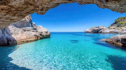 Turquoise waters and rocky cliffs create stunning coastal scene, inviting relaxation
