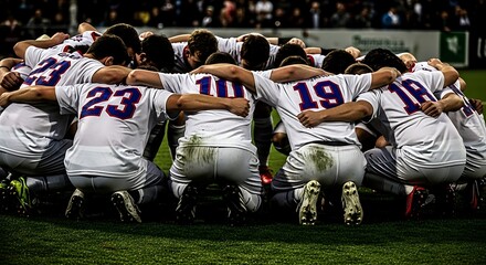 Team camaraderie a group of athletes huddled together in a show of unity before event