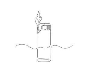 Lighter with fire flame outline drawing illustration. one continuous line drawing of lighter outline.