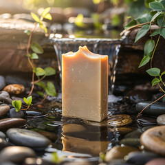 Handmade soap bar resting in clear water with smooth pebbles and a gentle waterfall in the background offering a serene and natural wellness experience