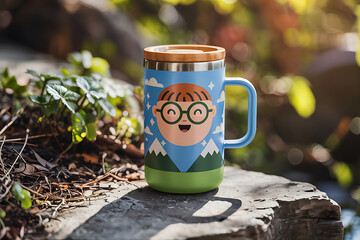Insulated Mug with Fun Cartoon Design on a Rock Outdoor Exploring the Nature Trail Beverage Container Camping Gear Stylish Travel Mug for Coffee or Tea