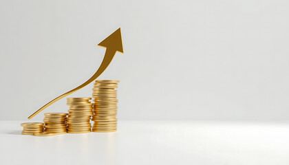 Increasing stacks of golden coins with a smooth upward green arrow, representing financial success and growth with an environmentally positive connotation, isolated on a transparent background