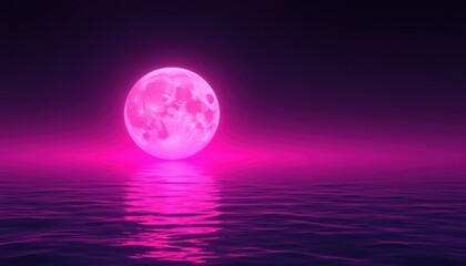 A glowing pink moon reflecting on water with a dark purple sky and horizon in a dreamy landscape