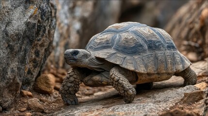 Obraz premium Tortoise walks through dry terrain