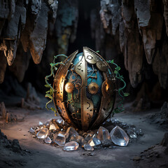 Mysterious Steampunk Orb in Dark Cave Adorned with Crystals and Vine Growth a Fusion of Technology and Natures Enigmatic Beauty