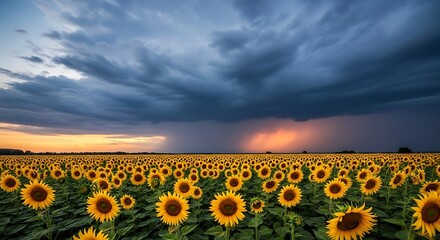 Fototapeta premium Vibrant sunflowers bloom under a dramatic sky, creating a striking contrast of light and shadow