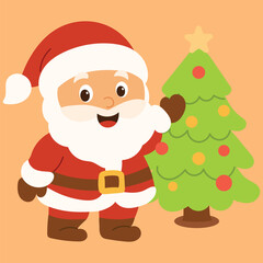 Santa Claus next to a Christmas Tree, greeting you with a cheerful smile. Hand Drawn Vector Art.