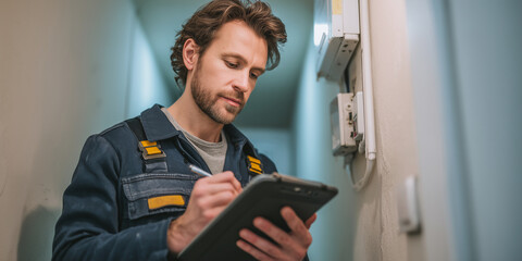 Ein Mann in Arbeitskleidung steht im Keller. Er notiert sich auf einem Clipboard Werte. Gas oder Elektrik