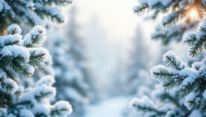 Snow-Covered Pine Branches Framing a Serene Winter Landscape with Soft Light Filtering Through Snowy Forest Pathway