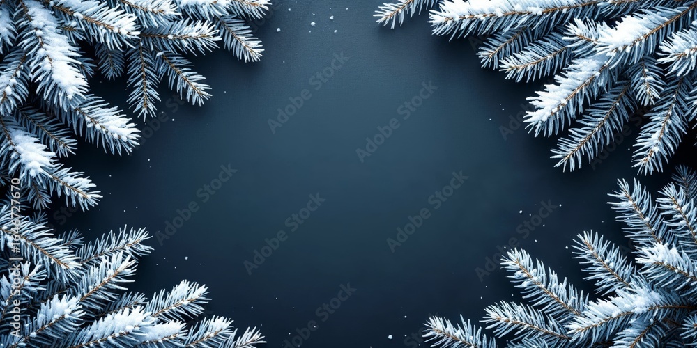 Poster serene snow-covered pine branches creating a beautiful symmetrical frame on a dark background with s