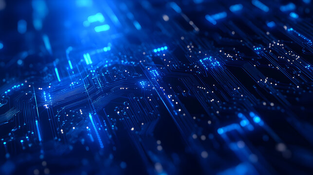 Abstract blue digital circuit board technology background with glowing lights