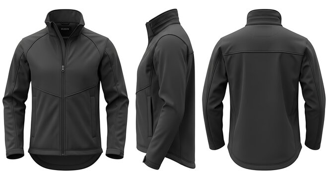 Black Softshell Jacket Mockup: Front, Side and Back Views