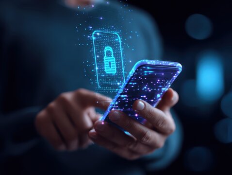 Man using smartphone to encrypt data and strengthen cybersecurity, Protecting personal and corporate information against hackers. Data privacy, Safe internet technology practices..