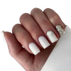 Young Woman’s Hands with Luxurious Professional Manicure Featuring Elegant Nail Art, Glossy...