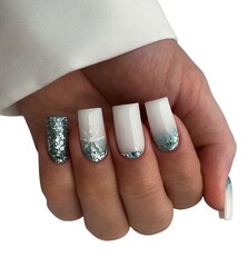 Young Woman’s Hands with Luxurious Professional Manicure Featuring Elegant Nail Art, Glossy...