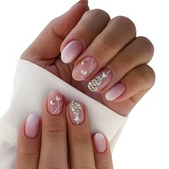 Young Woman’s Hands with Luxurious Professional Manicure Featuring Elegant Nail Art, Glossy...