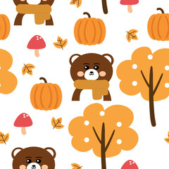 Seamless pattern cartoon bear with autumn vibes. cute autumn fall wallpaper for fabric print, gift wrap paper