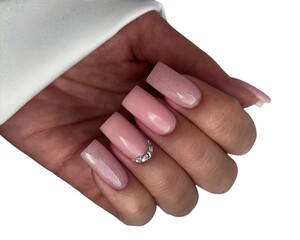 Young Woman’s Hands with Luxurious Professional Manicure Featuring Elegant Nail Art, Glossy...