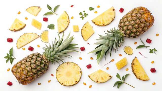 Tropical fruit pineapple slices and berries isolated on white background