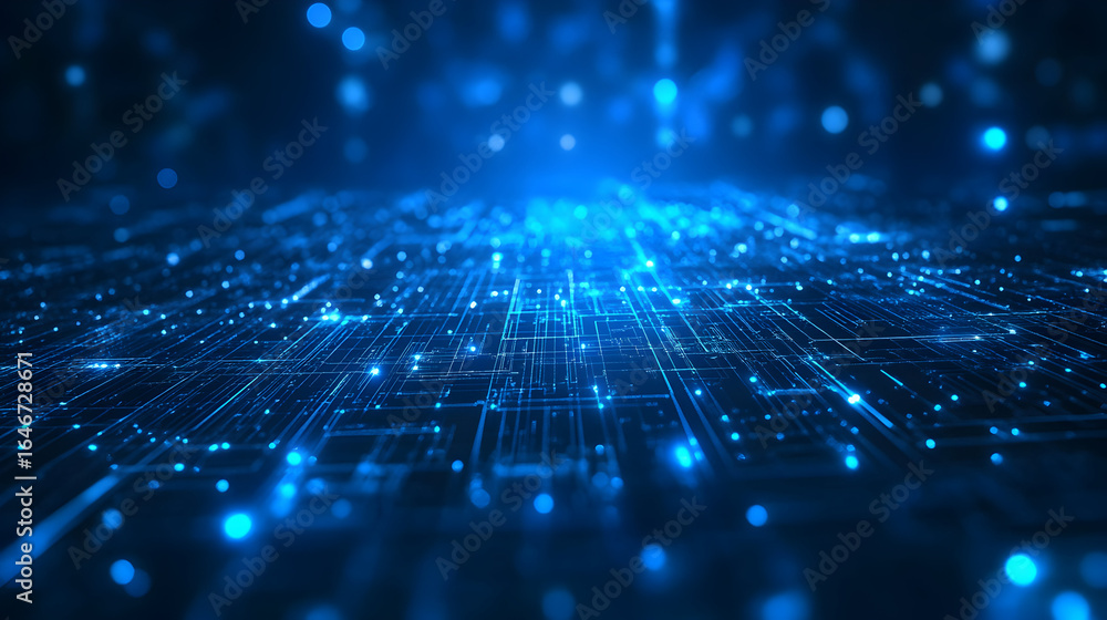 Poster abstract blue technology background with glowing lines and particles design