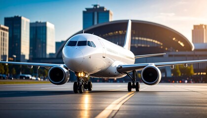 Obraz premium Modern jet on tarmac, city backdrop