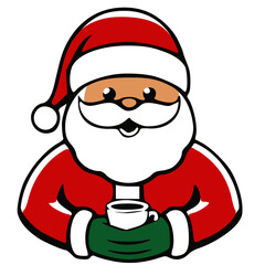 A cartoon illustration of Santa Claus holding a steaming cup of coffee or hot chocolate. He is wearing his traditional red hat and suit with a white beard.