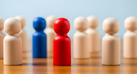 A group of wooden figures, with one red and one blue, standing out amongst the others.