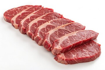 Obraz premium Raw beef steaks sliced and arranged isolated on white background