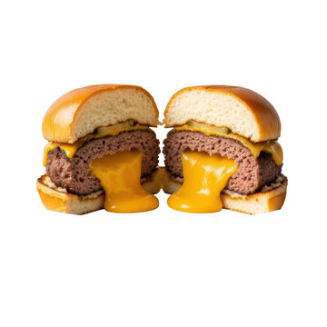A classic Juicy Lucy burger cut in half, prominently showcasing molten American cheese oozing from its thick beef patty, on a matte white ceramic plate and transparent background, appetizing food