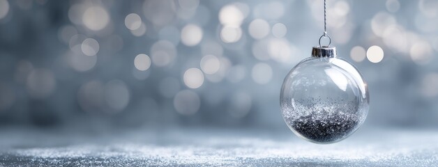 Clear glass Christmas ornament with silver glitter, hanging against a soft, blurred backdrop of bokeh lights