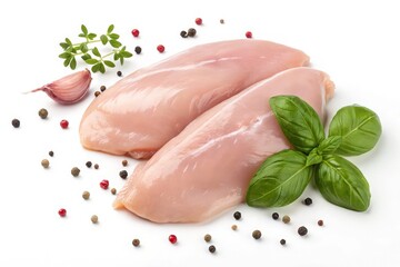 Two raw chicken breasts with herbs and peppercorns isolated on white background