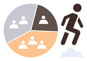 Pie chart with three segments showing group allocation and an individual climbing steps toward success. Ideal for teamwork, career growth, business planning, goal setting, analytics, leadership