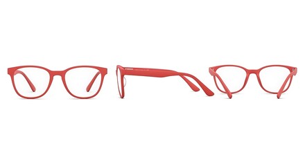 Stylish red eyeglass frames from multiple angles, isolated product display mockup on a clean white background.
