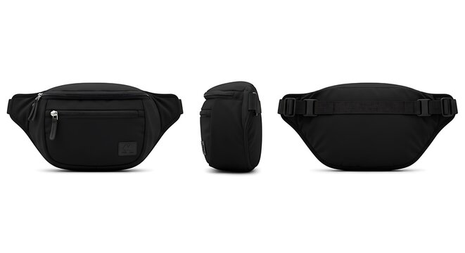 Versatile black fanny pack mockup with front, side, and back views. Realistic waist bag template for accessory and apparel branding.