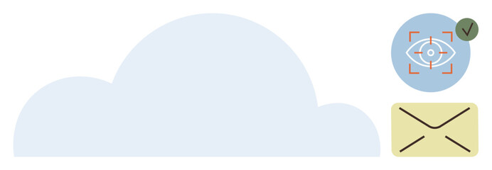 Large cloud, envelope icon, and eye with a check mark symbolizing secure cloud storage, email communication, and data privacy. Ideal for cloud technology, email security, data storage, privacy