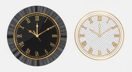 Vector art of two clocks with roman numerals, one black and one transparent, isolated on white background