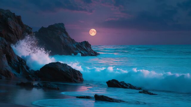 Dramatic ocean waves crash against rocky cliffs under a moonlit sky, creating a mesmerizing coastal scene with shades of blue, pink, and purple during nighttime. Full moon shining bright.