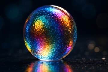 Colorful Glass Sphere Reflecting Vibrant Rainbow Colors on Dark Background