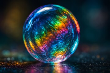 Colorful Glass Marble with Rainbow Reflections on Dark Surface