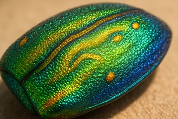Vibrant Iridescent Beetle with Metallic Green and Blue Colors on Rough Surface
