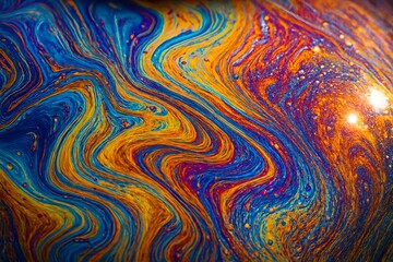 Colorful Abstract Swirling Oil Paint Texture in Vibrant Blue Orange and Gold Tones