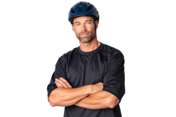 Confident cyclist in a blue helmet with crossed arms, sporty man ready for a bike ride isolated on transparent background