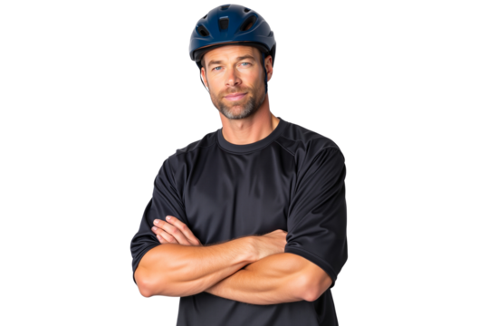 Confident cyclist in a blue helmet with crossed arms, sporty man ready for a bike ride isolated on transparent background