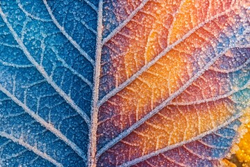 Close-up Frosted Multicolored Leaf with Blue Orange Pink Yellow Tones