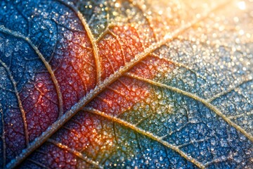 Close-up of Frost-covered Colorful Autumn Leaf with Vibrant Hues and Detailed Texture