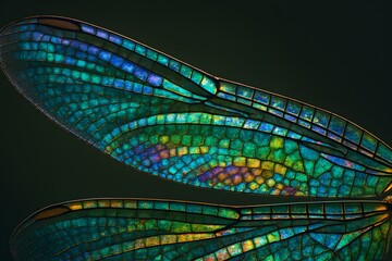 Close-up of Vibrant Dragonfly Wings Showing Iridescent Blue Green Colors on Dark Background