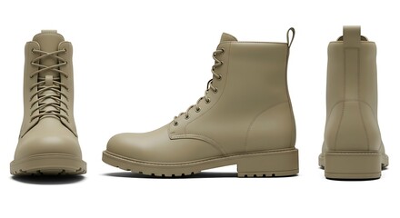 A versatile beige combat boot presented in a three-angle product mockup, isolated on a clean white background for fashion concepts.